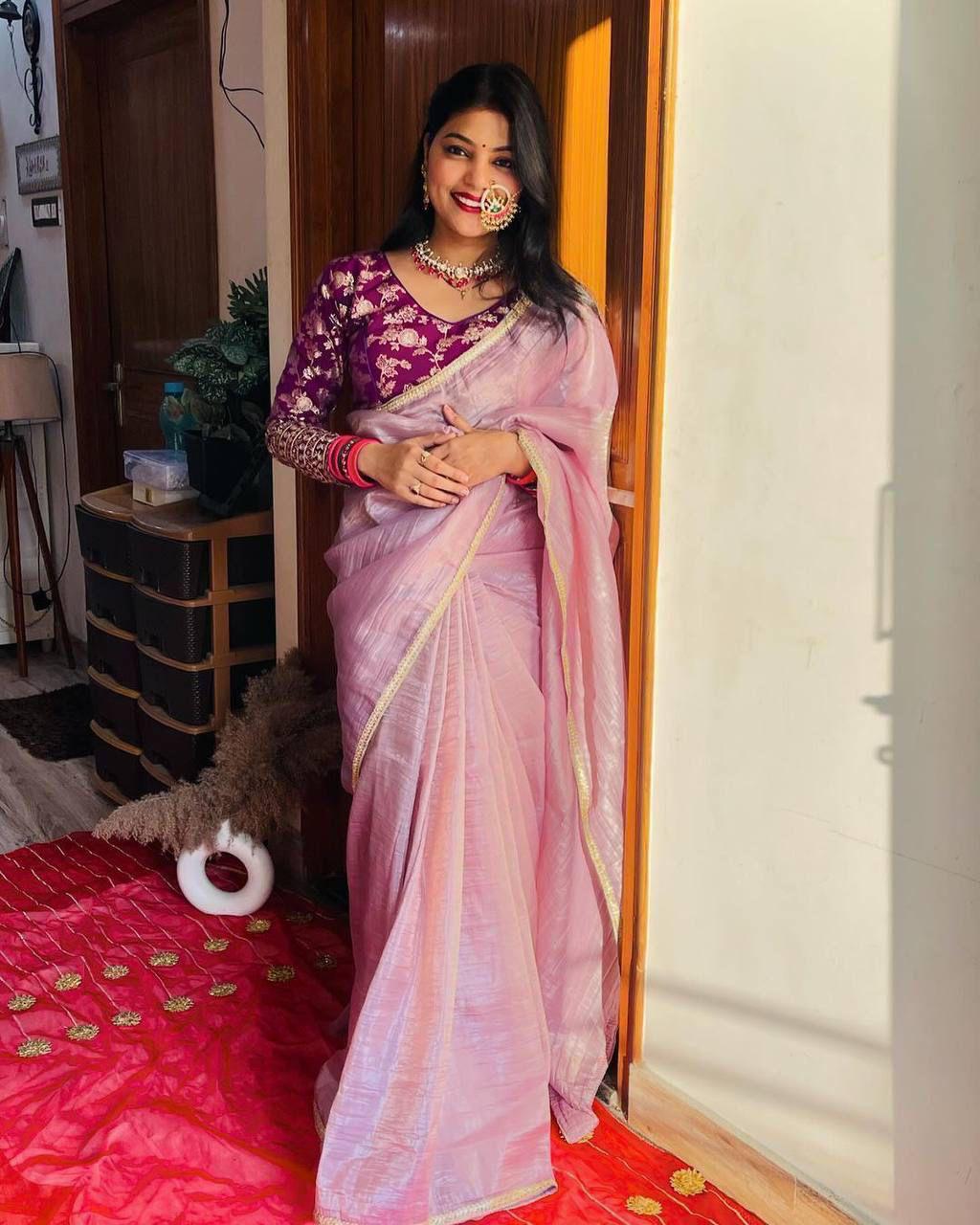 Light Pink Tissue Crush Silk Fabric With Fancy Lace Saree | Sarees, Bollywood Sarees, Creative Sarees, Designer Sarees, Embroidered Sarees, Ethnic Saree, Modern Digital sarees, Party Wear Sarees