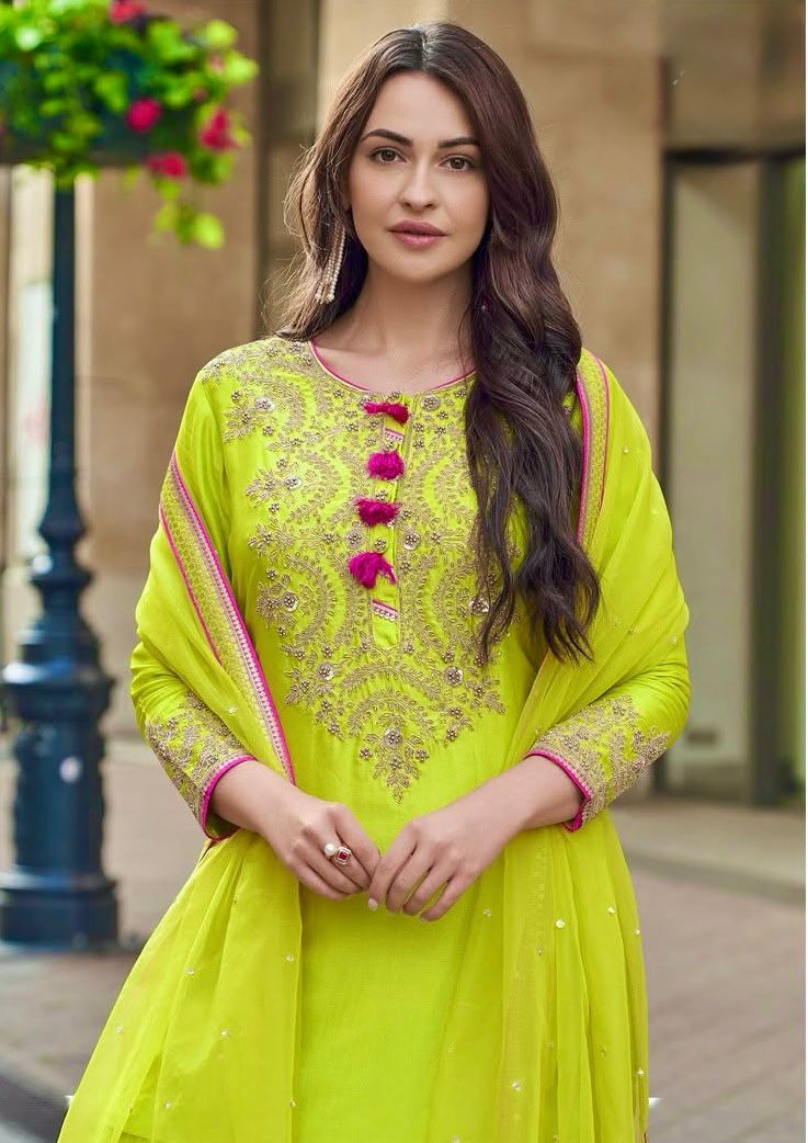 Lime Yellow Faux Georgette Embroidery Work Salwar Suit | Jump Suits, Salwar suit, Casual Suits, Creative suits, Designer Suits, Palazzo Suits, Party Wear Suits, Patiala Suits, Straight Suits
