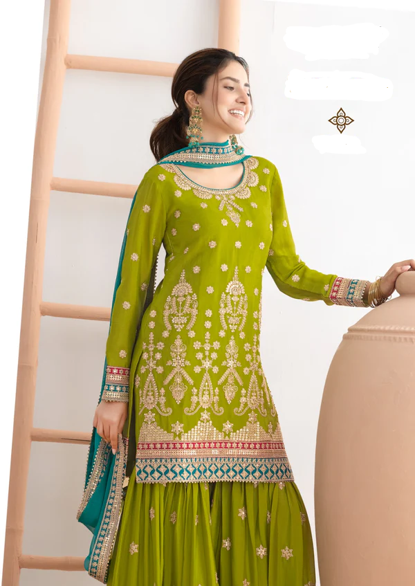 Mahendi Chinon Embroidery Mirror Work Salwar Suit | Jump Suits, Salwar suit, Casual Suits, Creative suits, Designer Suits, Palazzo Suits, Party Wear Suits, Patiala Suits, Straight Suits