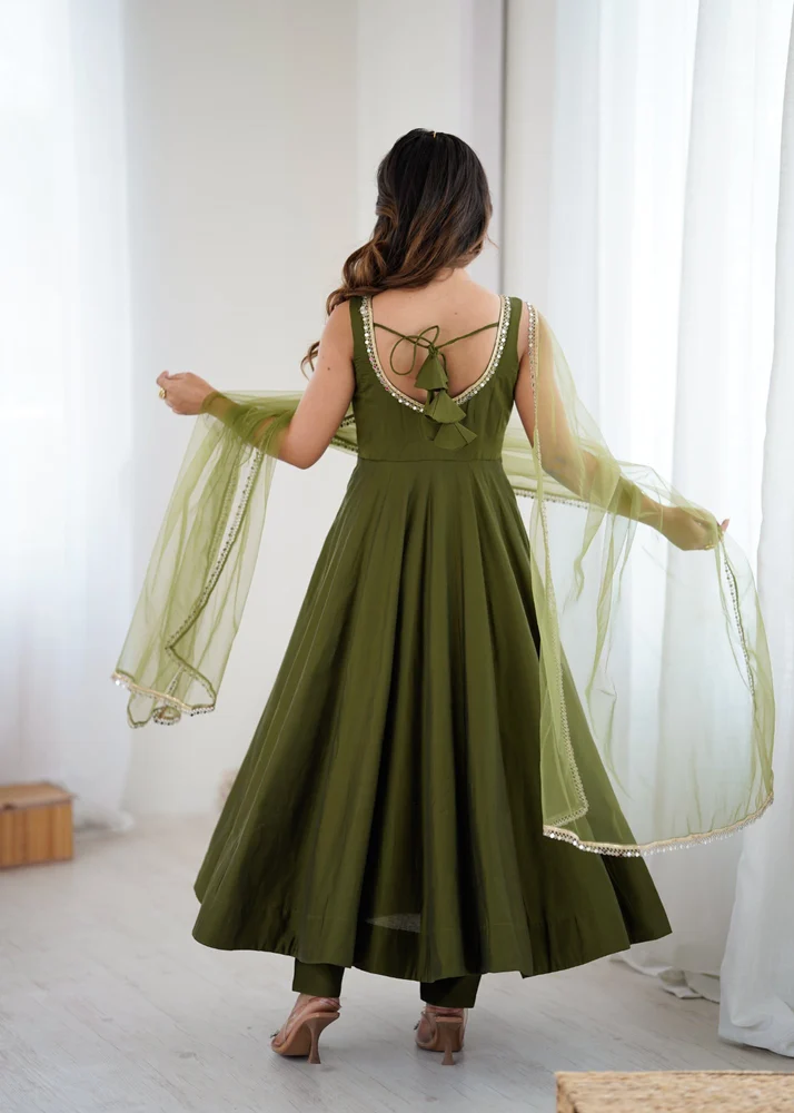 Mahendi Roman Silk Chanderi Mirror Work Gown | Jump Suits, Salwar suit, Casual Suits, Creative suits, Designer Suits, Palazzo Suits, Party Wear Suits, Patiala Suits, Straight Suits
