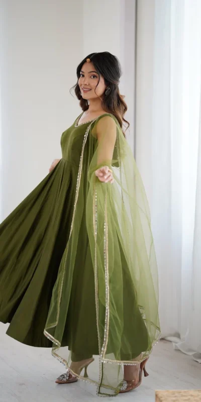 Mahendi Roman Silk Chanderi Mirror Work Gown | Jump Suits, Salwar suit, Casual Suits, Creative suits, Designer Suits, Palazzo Suits, Party Wear Suits, Patiala Suits, Straight Suits