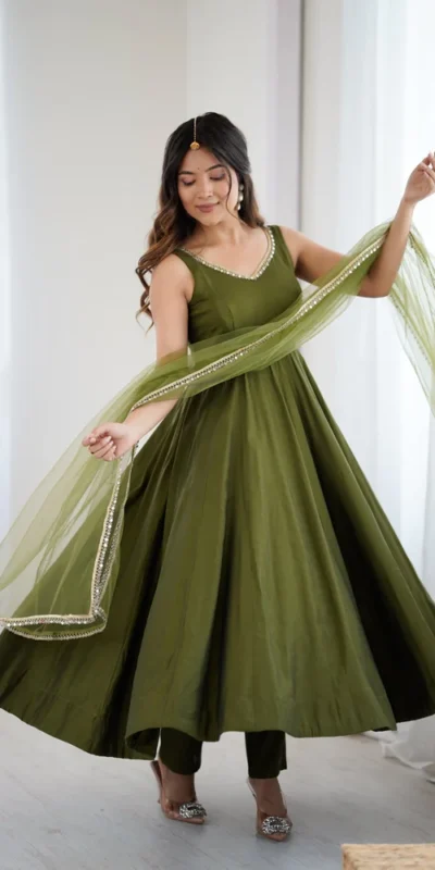 Mahendi Roman Silk Chanderi Mirror Work Gown | Jump Suits, Salwar suit, Casual Suits, Creative suits, Designer Suits, Palazzo Suits, Party Wear Suits, Patiala Suits, Straight Suits