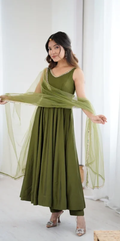 Mahendi Roman Silk Chanderi Mirror Work Gown | Jump Suits, Salwar suit, Casual Suits, Creative suits, Designer Suits, Palazzo Suits, Party Wear Suits, Patiala Suits, Straight Suits