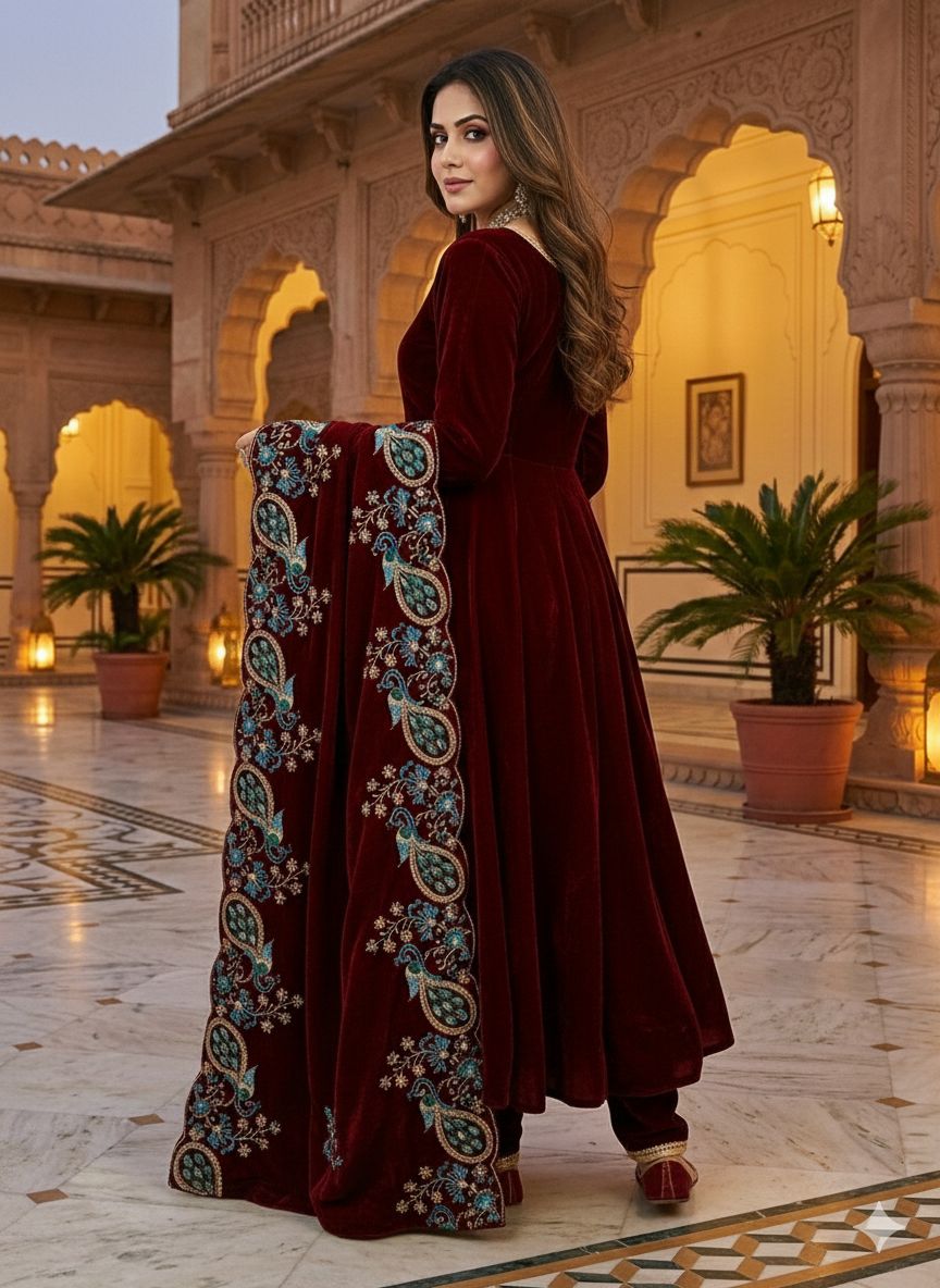 Maroon 9000 Velvet Embroidery Lace Work Salwar Suit | Jump Suits, Salwar suit, Casual Suits, Creative suits, Designer Suits, Palazzo Suits, Party Wear Suits, Patiala Suits, Straight Suits