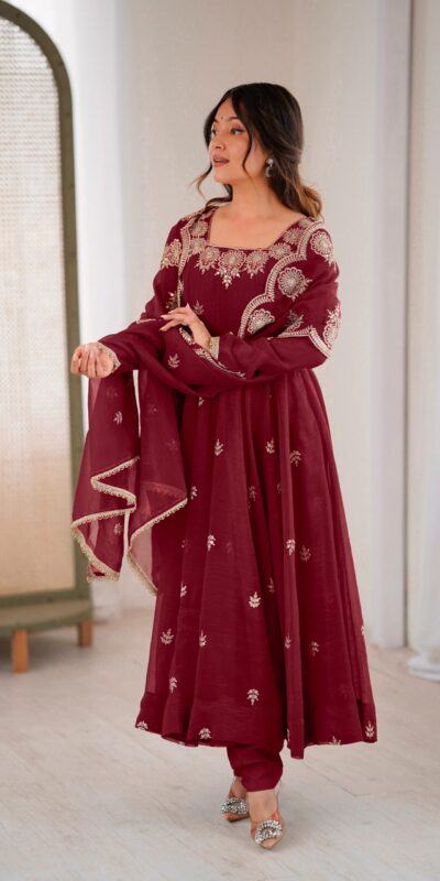 Maroon Crunchy Silk Embroidery Work Gown | Gowns, Bollywood Gowns, Creative Gowns, Designer Gowns, Embroidered Gowns, Party Wear Gowns
