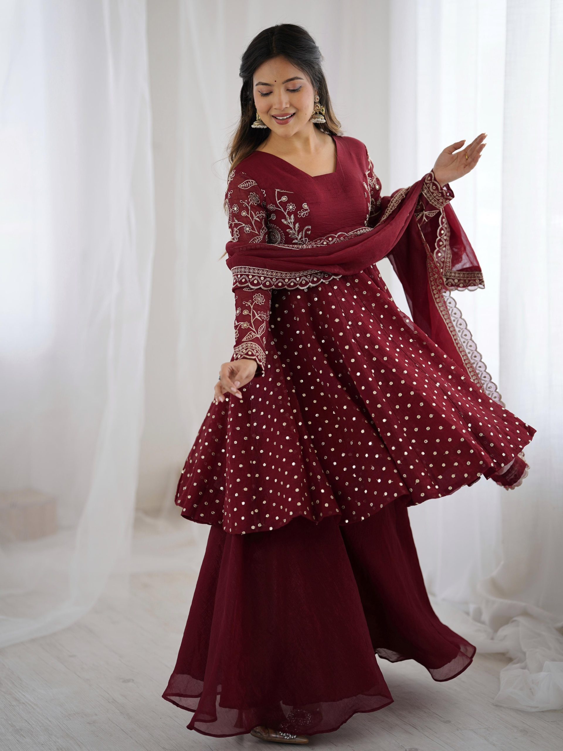 Maroon Crunchy Silk Embroidery Work Salwar Suit | Jump Suits, Salwar suit, Casual Suits, Creative suits, Designer Suits, Palazzo Suits, Party Wear Suits, Patiala Suits, Straight Suits