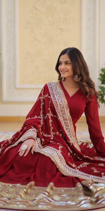 Maroon Faux Blooming Embroider Zari Gown | Gowns, Bollywood Gowns, Creative Gowns, Designer Gowns, Embroidered Gowns, Party Wear Gowns