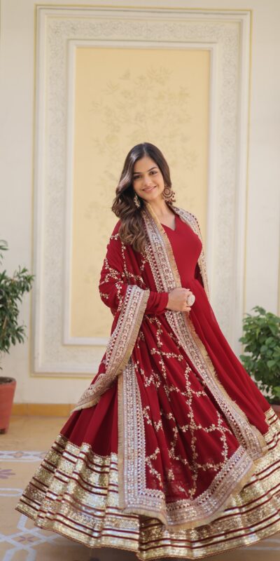 Maroon Faux Blooming Embroider Zari Gown | Gowns, Bollywood Gowns, Creative Gowns, Designer Gowns, Embroidered Gowns, Party Wear Gowns