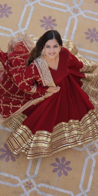 Maroon Faux Blooming Embroider Zari Gown | Gowns, Bollywood Gowns, Creative Gowns, Designer Gowns, Embroidered Gowns, Party Wear Gowns