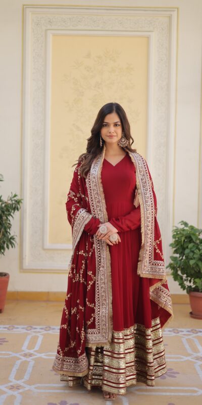 Maroon Faux Blooming Embroider Zari Gown | Gowns, Bollywood Gowns, Creative Gowns, Designer Gowns, Embroidered Gowns, Party Wear Gowns