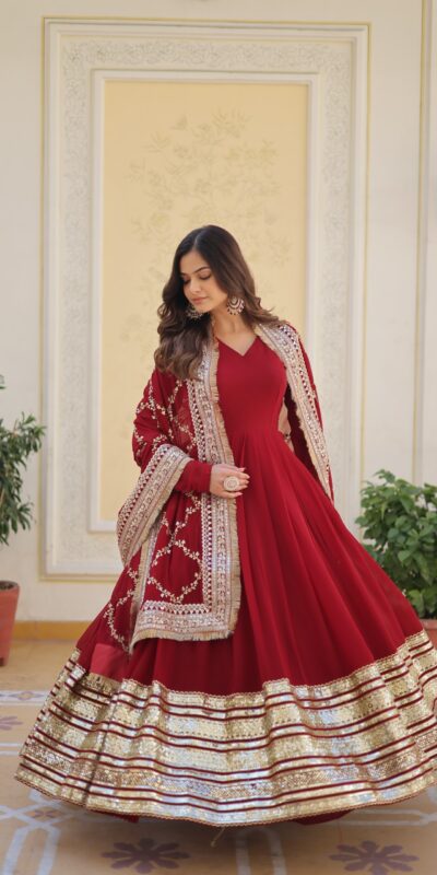 Maroon Faux Blooming Embroider Zari Gown | Gowns, Bollywood Gowns, Creative Gowns, Designer Gowns, Embroidered Gowns, Party Wear Gowns