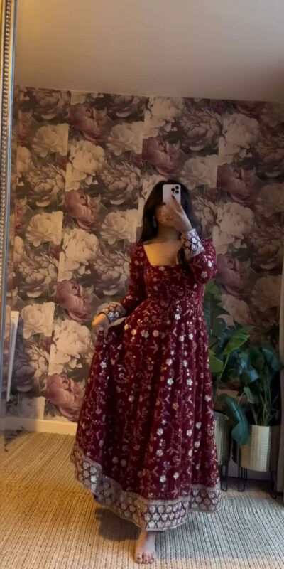 Maroon Faux Georgette Sequence Work Gown | Gowns, Bollywood Gowns, Creative Gowns, Designer Gowns, Embroidered Gowns, Party Wear Gowns