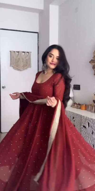 Maroon Faux Georgette Silk Lace Work Gown | Gowns, Bollywood Gowns, Creative Gowns, Designer Gowns, Embroidered Gowns, Party Wear Gowns