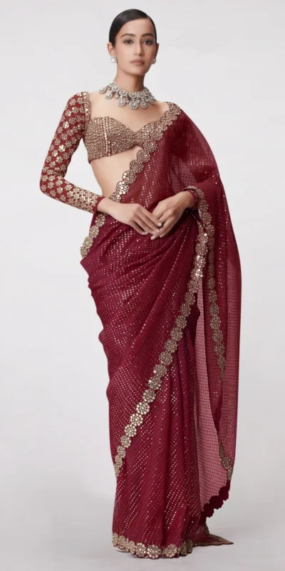 Maroon Georgette Sequence Work Saree | Sarees, Bollywood Sarees, Creative Sarees, Designer Sarees, Embroidered Sarees, Ethnic Saree, Modern Digital sarees, Party Wear Sarees