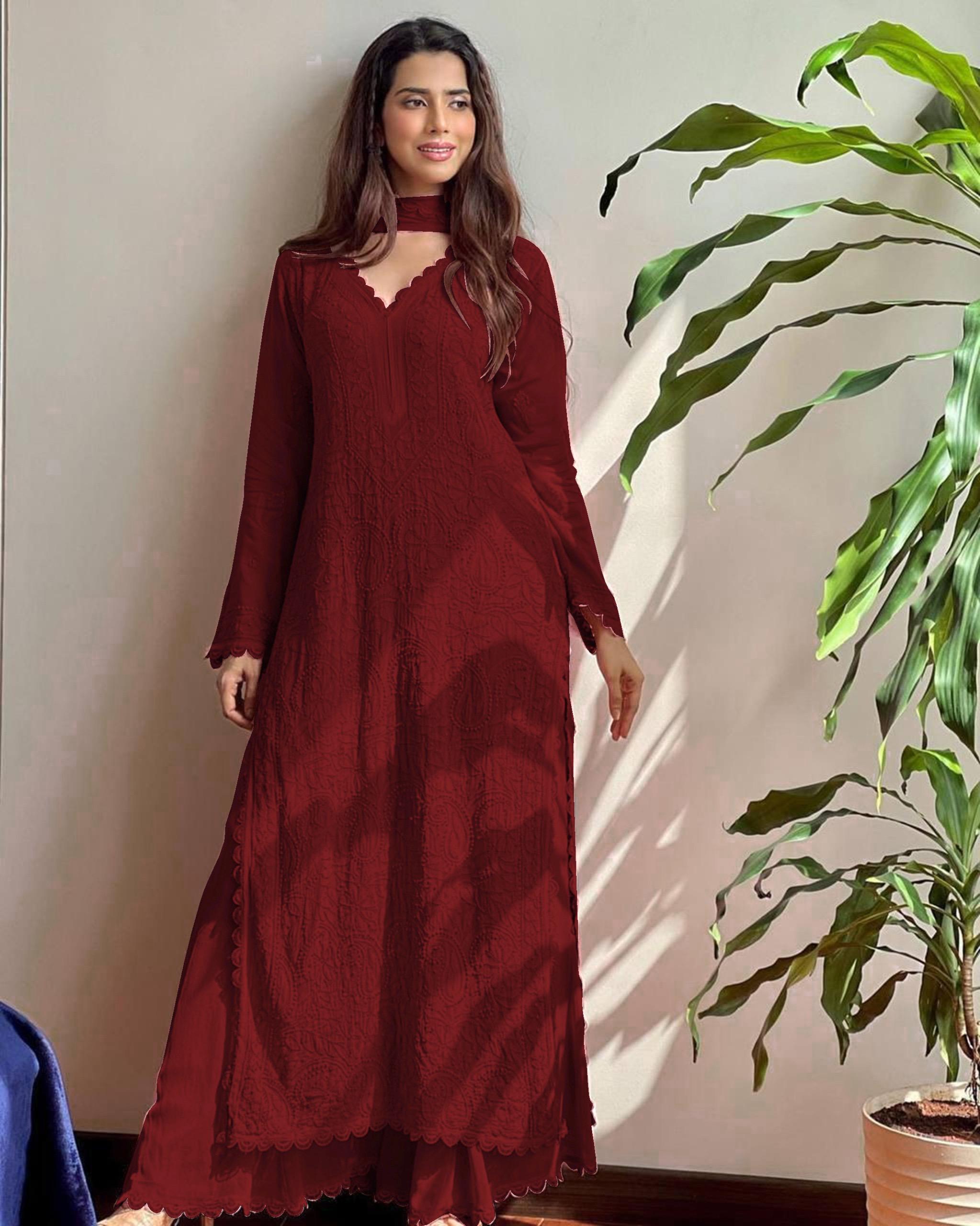 Maroon Georgette Thread Embroidery Salwar Suit | Salwar suit, Casual Suits, Creative suits, Designer Suits, Palazzo Suits, Party Wear Suits, Patiala Suits, Straight Suits