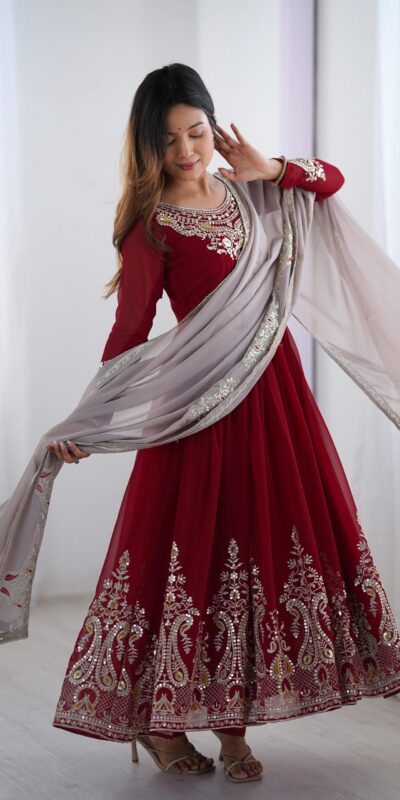 Maroon Georgette With Embroidery Work Gown | Jump Suits, Salwar suit, Casual Suits, Creative suits, Designer Suits, Palazzo Suits, Party Wear Suits, Patiala Suits, Straight Suits