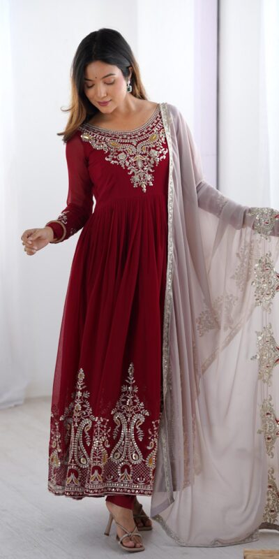 Maroon Georgette With Embroidery Work Gown | Jump Suits, Salwar suit, Casual Suits, Creative suits, Designer Suits, Palazzo Suits, Party Wear Suits, Patiala Suits, Straight Suits
