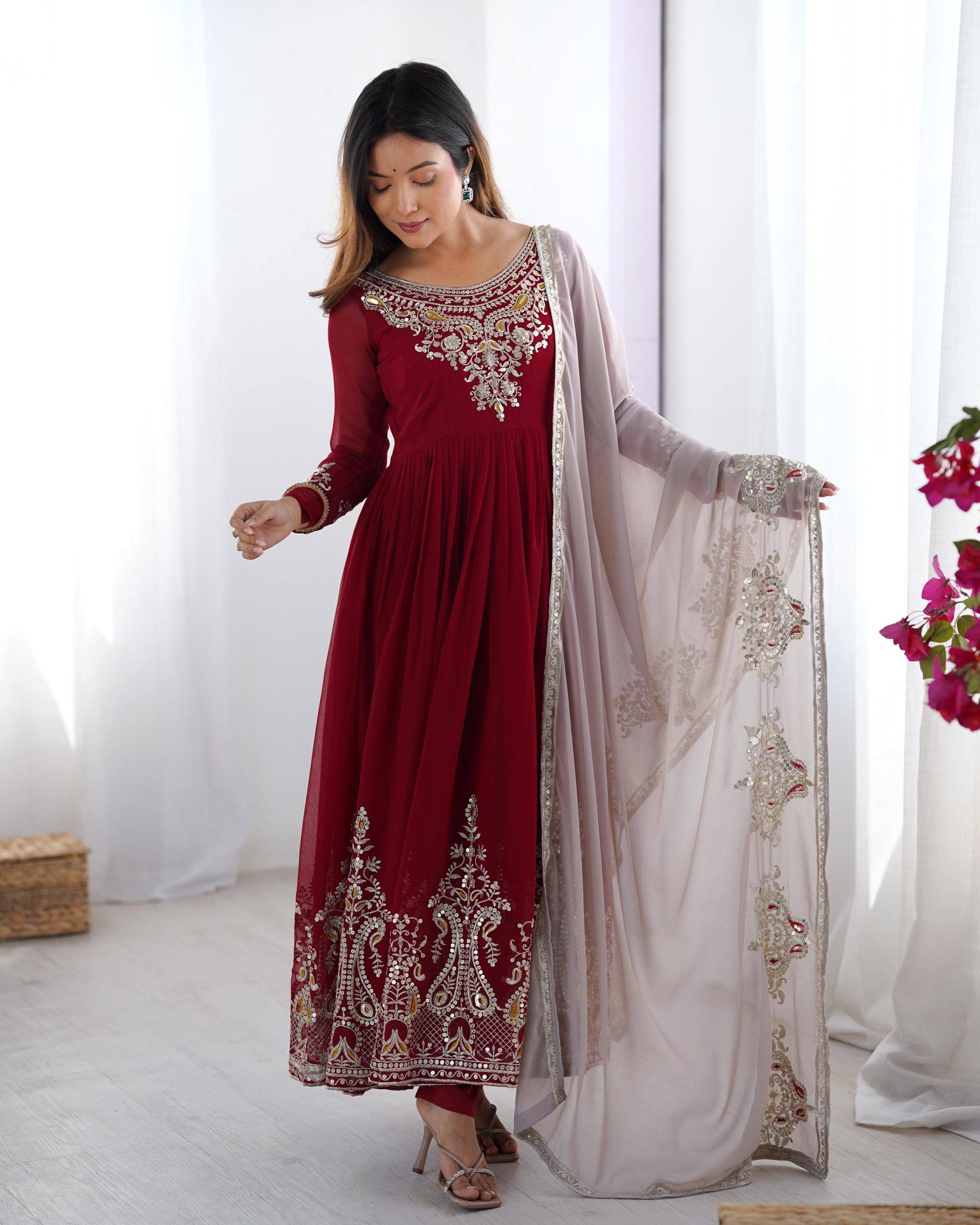 Maroon Georgette With Embroidery Work Gown | Jump Suits, Salwar suit, Casual Suits, Creative suits, Designer Suits, Palazzo Suits, Party Wear Suits, Patiala Suits, Straight Suits