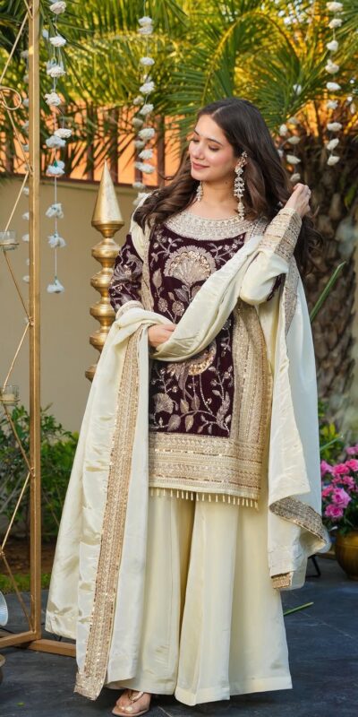 Maroon Glass Organza Silk Sequence Work Salwar Suit | Jump Suits, Salwar suit, Casual Suits, Creative suits, Designer Suits, Palazzo Suits, Party Wear Suits, Patiala Suits, Straight Suits