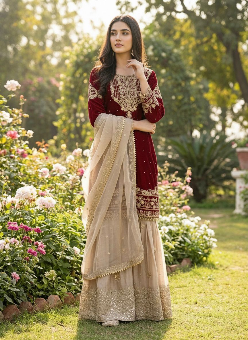 Maroon Organza Silk Embroidery Lace Work Salwar Suit | Jump Suits, Salwar suit, Casual Suits, Creative suits, Designer Suits, Palazzo Suits, Party Wear Suits, Patiala Suits, Straight Suits