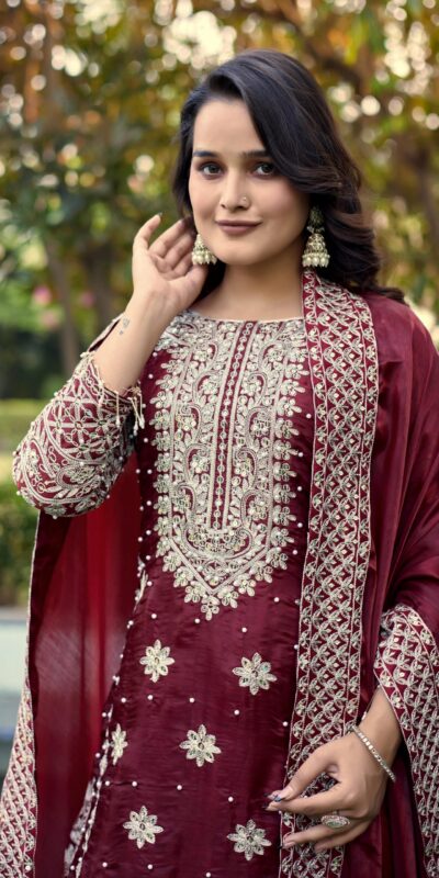 Maroon Organza Silk Embroidery Work Salwar Suit | Jump Suits, Salwar suit, Casual Suits, Creative suits, Designer Suits, Palazzo Suits, Party Wear Suits, Patiala Suits, Straight Suits