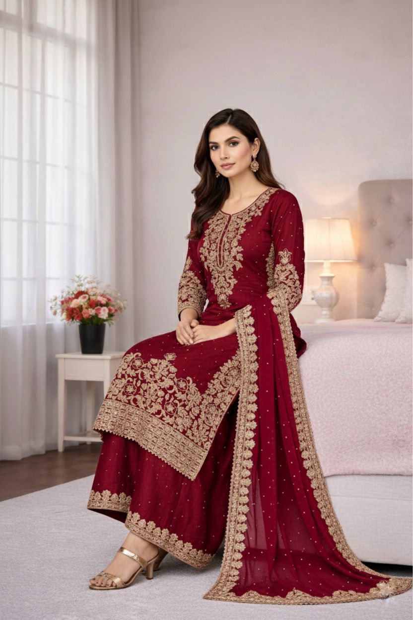 Maroon Organza Silk Embroidery Work Salwar Suit | Jump Suits, Salwar suit, Casual Suits, Creative suits, Designer Suits, Palazzo Suits, Party Wear Suits, Patiala Suits, Straight Suits