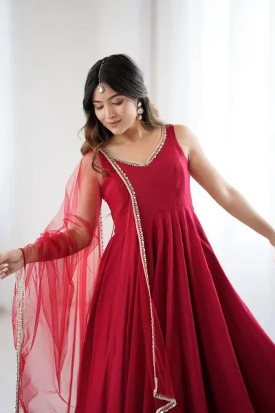 Maroon Roman Silk Chanderi Mirror Work Gown | Jump Suits, Salwar suit, Casual Suits, Creative suits, Designer Suits, Palazzo Suits, Party Wear Suits, Patiala Suits, Straight Suits