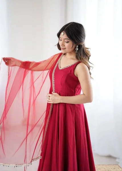 Maroon Roman Silk Chanderi Mirror Work Gown | Jump Suits, Salwar suit, Casual Suits, Creative suits, Designer Suits, Palazzo Suits, Party Wear Suits, Patiala Suits, Straight Suits