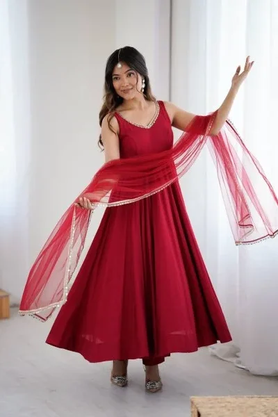 Maroon Roman Silk Chanderi Mirror Work Gown | Jump Suits, Salwar suit, Casual Suits, Creative suits, Designer Suits, Palazzo Suits, Party Wear Suits, Patiala Suits, Straight Suits