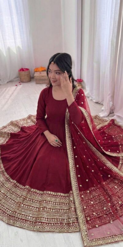 Maroon Roman Silk Embroidery Lace Work Gown | Gowns, Bollywood Gowns, Creative Gowns, Designer Gowns, Embroidered Gowns, Party Wear Gowns