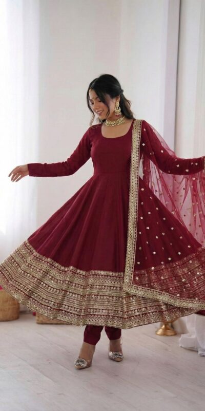 Maroon Roman Silk Embroidery Lace Work Gown | Gowns, Bollywood Gowns, Creative Gowns, Designer Gowns, Embroidered Gowns, Party Wear Gowns