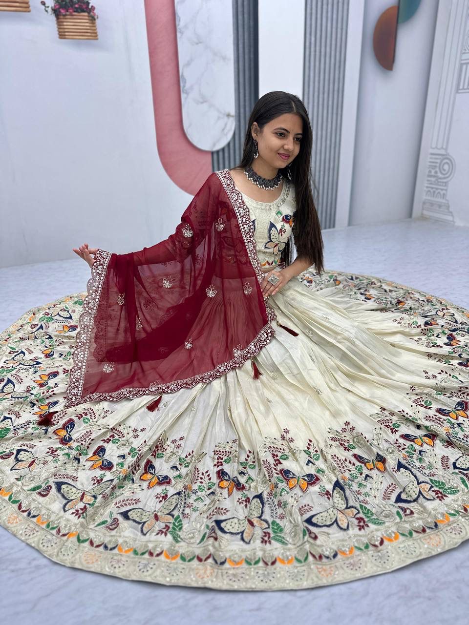Maroon Tissue Silk Lace Thread Work Lehenga Choli | Lehenga, Bollywood Lehenga, Creative Lehenga, Designer Lehenga, Embroidered Lehenga, Party Wear Lehenga