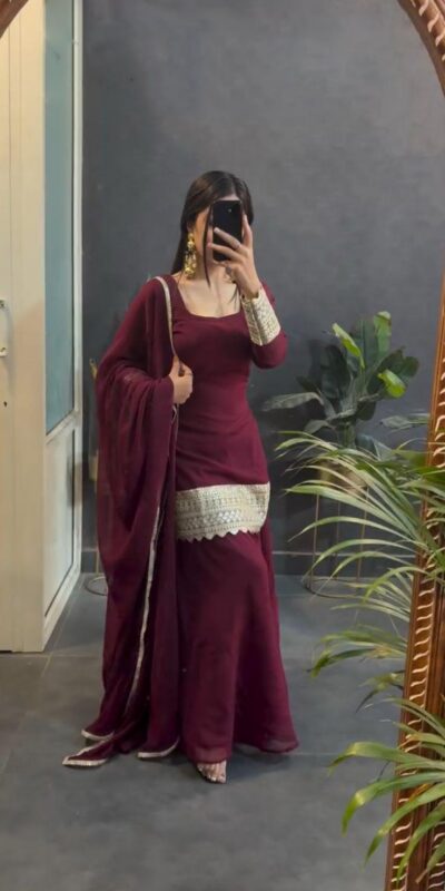 Marron Fox Georgette Heavy Embroidery Work Salwar Suit | Jump Suits, Salwar suit, Casual Suits, Creative suits, Designer Suits, Palazzo Suits, Party Wear Suits, Patiala Suits, Straight Suits