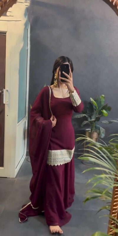Marron Fox Georgette Heavy Embroidery Work Salwar Suit | Jump Suits, Salwar suit, Casual Suits, Creative suits, Designer Suits, Palazzo Suits, Party Wear Suits, Patiala Suits, Straight Suits