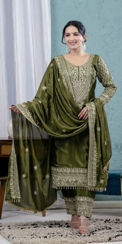 Mehandi Chinon Silk Lace Embroidery Work Salwar Suit | Jump Suits, Salwar suit, Casual Suits, Creative suits, Designer Suits, Palazzo Suits, Party Wear Suits, Patiala Suits, Straight Suits