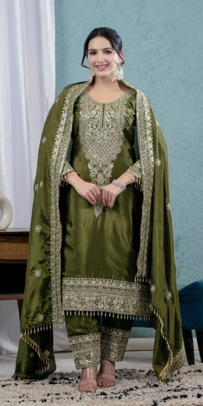 Mehandi Chinon Silk Lace Embroidery Work Salwar Suit | Jump Suits, Salwar suit, Casual Suits, Creative suits, Designer Suits, Palazzo Suits, Party Wear Suits, Patiala Suits, Straight Suits