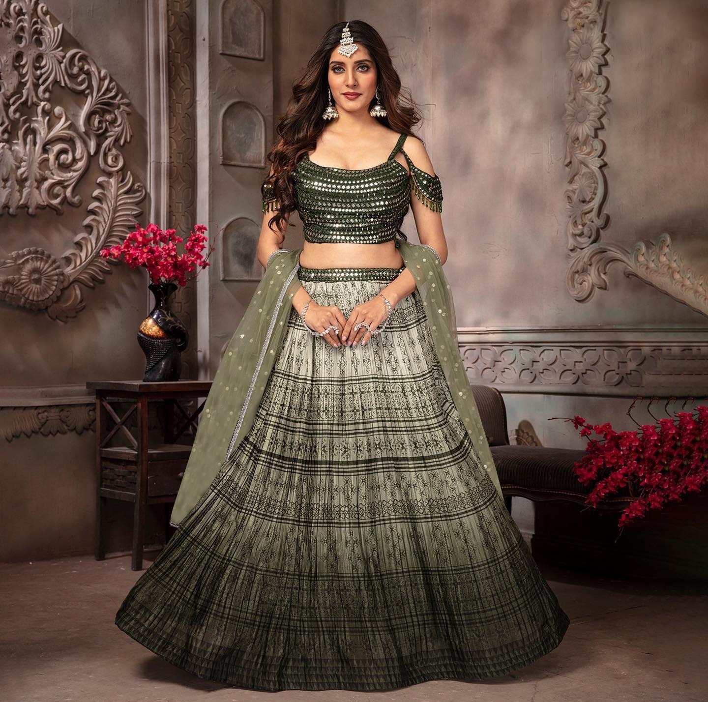 Mehandi Kasturi Silk Crap Sequence Work Lehenga Choli | Lehenga, Bollywood Lehenga, Creative Lehenga, Designer Lehenga, Embroidered Lehenga, Party Wear Lehenga