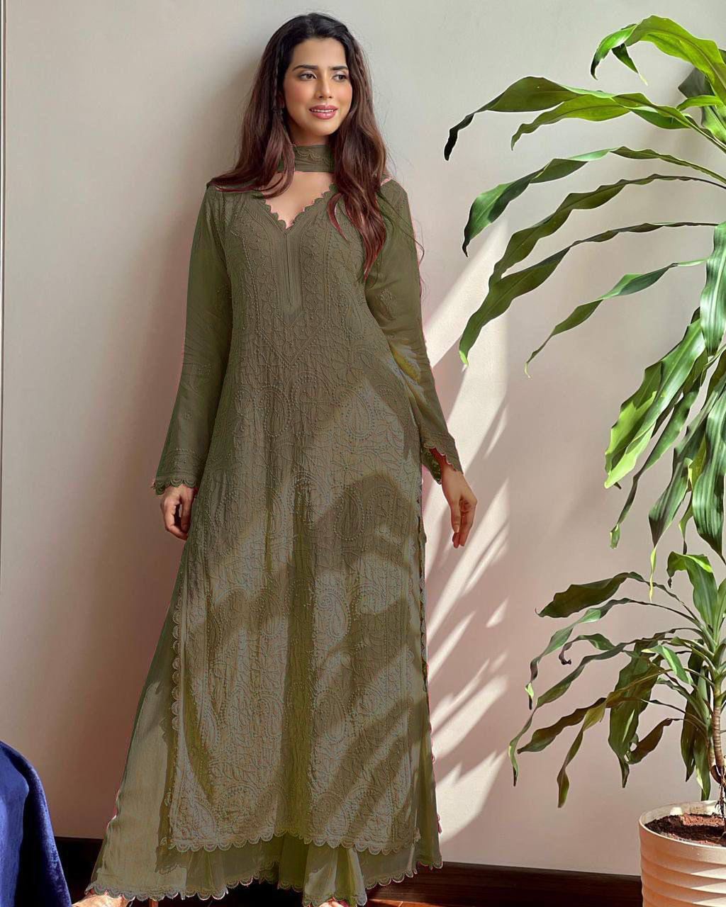 Mehendi Georgette Thread Embroidery Salwar Suit | Salwar suit, Casual Suits, Creative suits, Designer Suits, Palazzo Suits, Party Wear Suits, Patiala Suits, Straight Suits