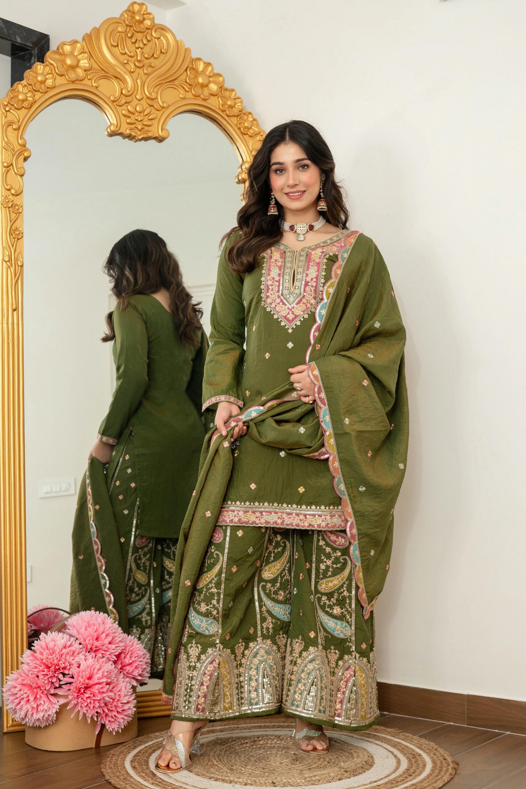 Mehendi Vichitra Silk Embroider Work Salwar Suit | Jump Suits, Salwar suit, Casual Suits, Creative suits, Designer Suits, Palazzo Suits, Party Wear Suits, Patiala Suits, Straight Suits