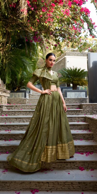 Mehndi Chanderi Plain With Zari Weaving Work Border Lehenga Choli | Lehenga, Bollywood Lehenga, Creative Lehenga, Designer Lehenga, Embroidered Lehenga, Party Wear Lehenga