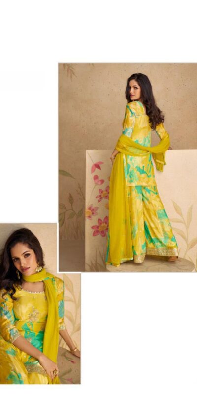 Mustad Yellow Chinon Printed Embroidery Work Sharara Suit | Jump Suits, Salwar suit, Casual Suits, Creative suits, Designer Suits, Palazzo Suits, Party Wear Suits, Patiala Suits, Straight Suits