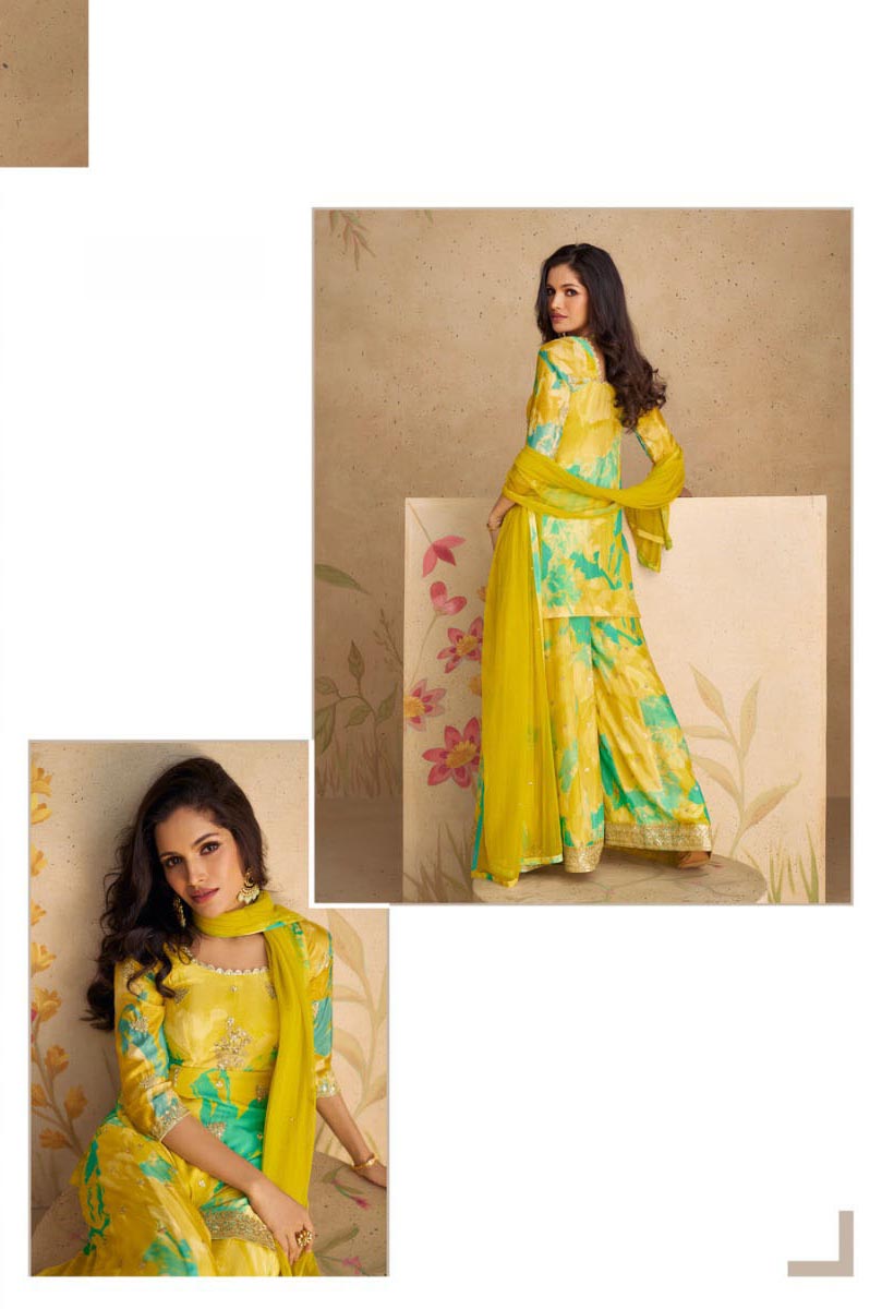 Mustad Yellow Chinon Printed Embroidery Work Sharara Suit | Jump Suits, Salwar suit, Casual Suits, Creative suits, Designer Suits, Palazzo Suits, Party Wear Suits, Patiala Suits, Straight Suits