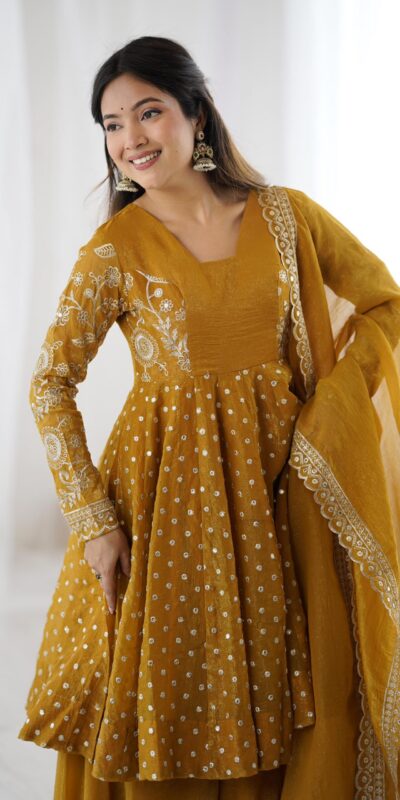 Mustard Crunchy Silk Embroidery Work Salwar Suit | Jump Suits, Salwar suit, Casual Suits, Creative suits, Designer Suits, Palazzo Suits, Party Wear Suits, Patiala Suits, Straight Suits