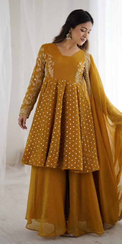 Mustard Crunchy Silk Embroidery Work Salwar Suit | Jump Suits, Salwar suit, Casual Suits, Creative suits, Designer Suits, Palazzo Suits, Party Wear Suits, Patiala Suits, Straight Suits