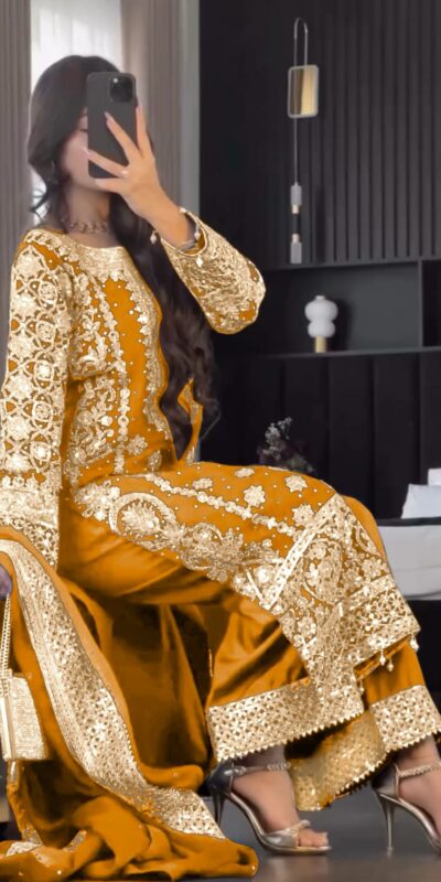 Mustard Faux Georgette Embroidery Salwar Suit | Jump Suits, Salwar suit, Casual Suits, Creative suits, Designer Suits, Palazzo Suits, Party Wear Suits, Patiala Suits, Straight Suits