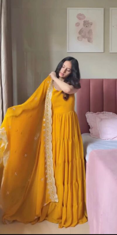 Mustard Faux Georgette Lace Work Salwar Suit | Jump Suits, Tops & Bottoms, Track Suits, Salwar suit, Casual Suits, Creative suits, Designer Suits, Palazzo Suits, Party Wear Suits, Patiala Suits, Straight Suits, Trendy Wear