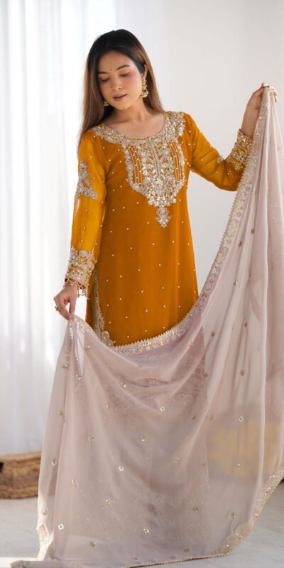 Mustard Faux Georgette With Moti Work Salwar Suit | Jump Suits, Salwar suit, Casual Suits, Creative suits, Designer Suits, Palazzo Suits, Party Wear Suits, Patiala Suits, Straight Suits