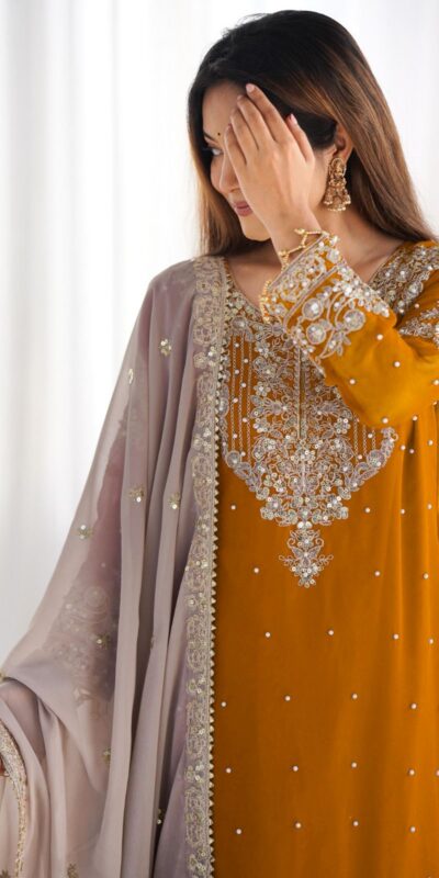 Mustard Faux Georgette With Moti Work Salwar Suit | Jump Suits, Salwar suit, Casual Suits, Creative suits, Designer Suits, Palazzo Suits, Party Wear Suits, Patiala Suits, Straight Suits
