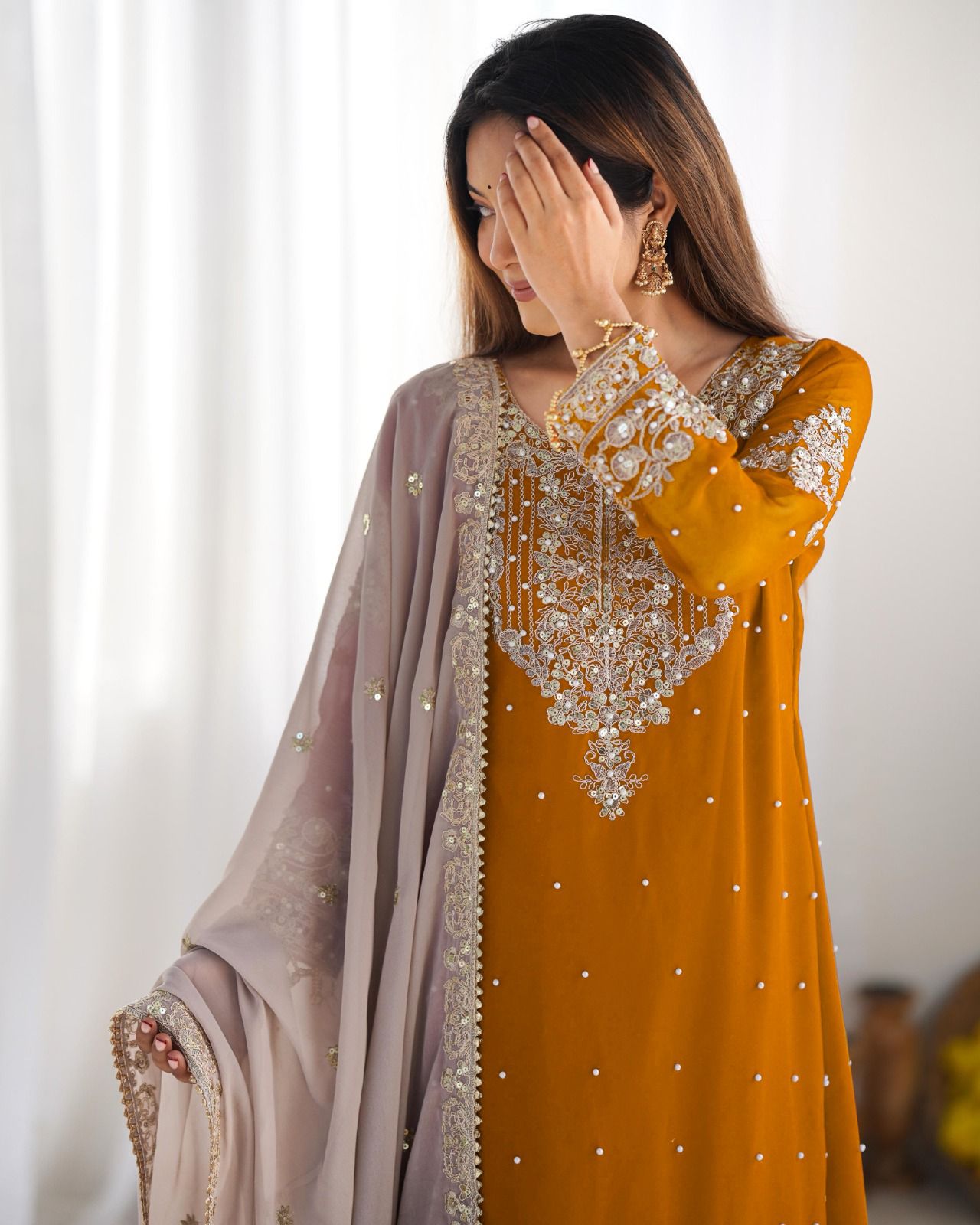 Mustard Faux Georgette With Moti Work Salwar Suit | Jump Suits, Salwar suit, Casual Suits, Creative suits, Designer Suits, Palazzo Suits, Party Wear Suits, Patiala Suits, Straight Suits