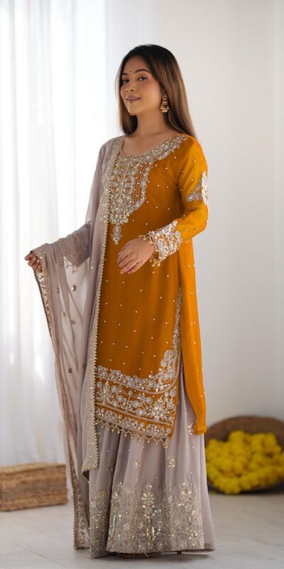Mustard Faux Georgette With Moti Work Salwar Suit | Jump Suits, Salwar suit, Casual Suits, Creative suits, Designer Suits, Palazzo Suits, Party Wear Suits, Patiala Suits, Straight Suits
